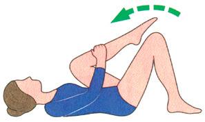 Исх. позиция: лежа, ноги согнуты. Поднимание рук вверх – вдох, прижимание колена к животу – выдох. То же – другой ногой.
